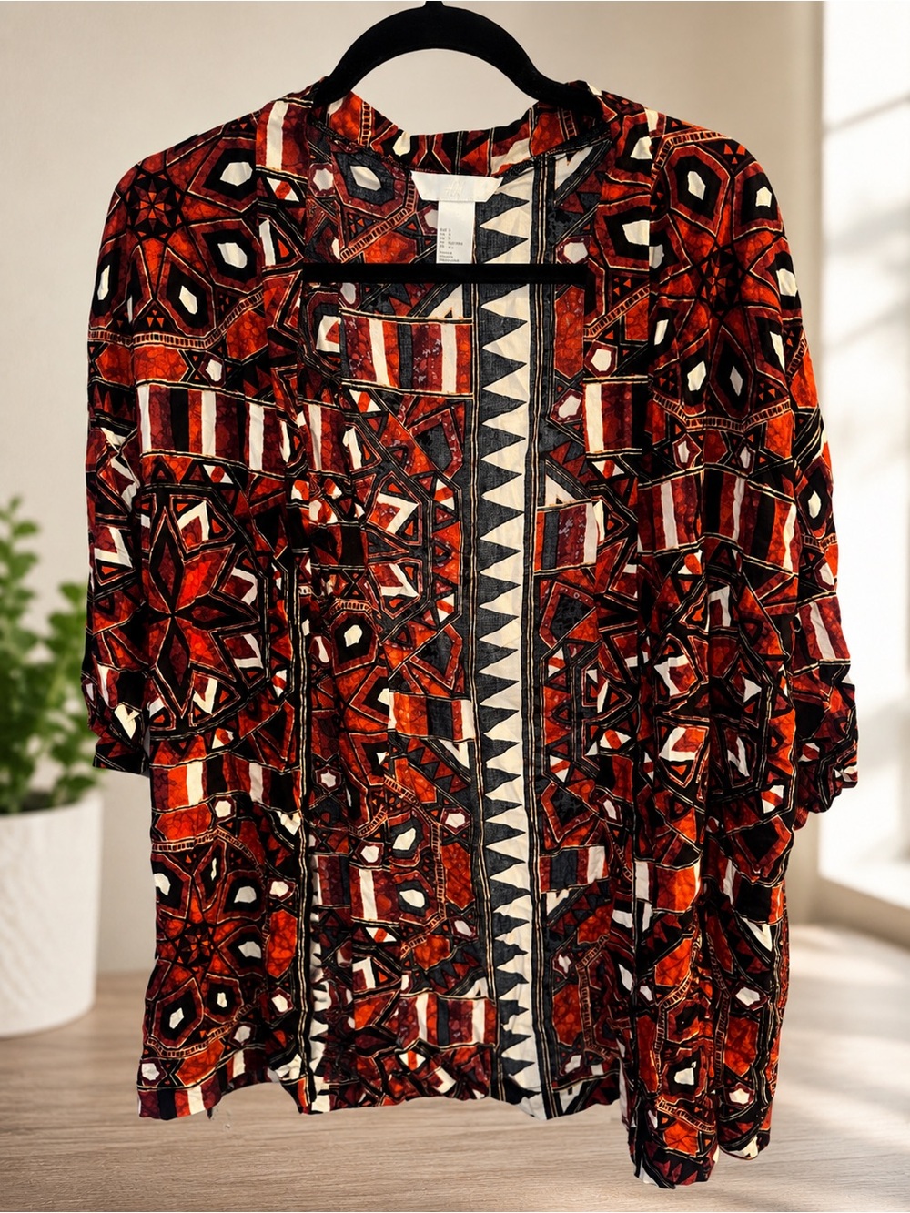 H&M Red Black Cream Geometric Open-Front Cardigan